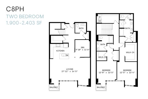 Floor plan for 2 beds, 2.5 baths, 2403 sqft